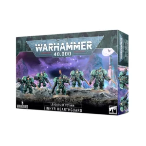 Photo de la boîte officielle du set d'assemblage des Âtregardes Einhyrs pour le jeu de figurines Warhammer 40,000. L'illustration principale montre une escouade de cinq guerriers nains futuristes en armures massives orange et grises, brandissant des armes de poing énergétiques et des gantelets de combat. Le fond de l'image présente un paysage de science-fiction sombre et rocheux sous un ciel crépusculaire. En haut à gauche, le logo officiel doré et blanc "Warhammer 40,000" est visible. En bas, le nom de l'unité "Einhyr Hearthguard" est inscrit en lettres capitales blanches, accompagné du logo des Ligues de Votann.