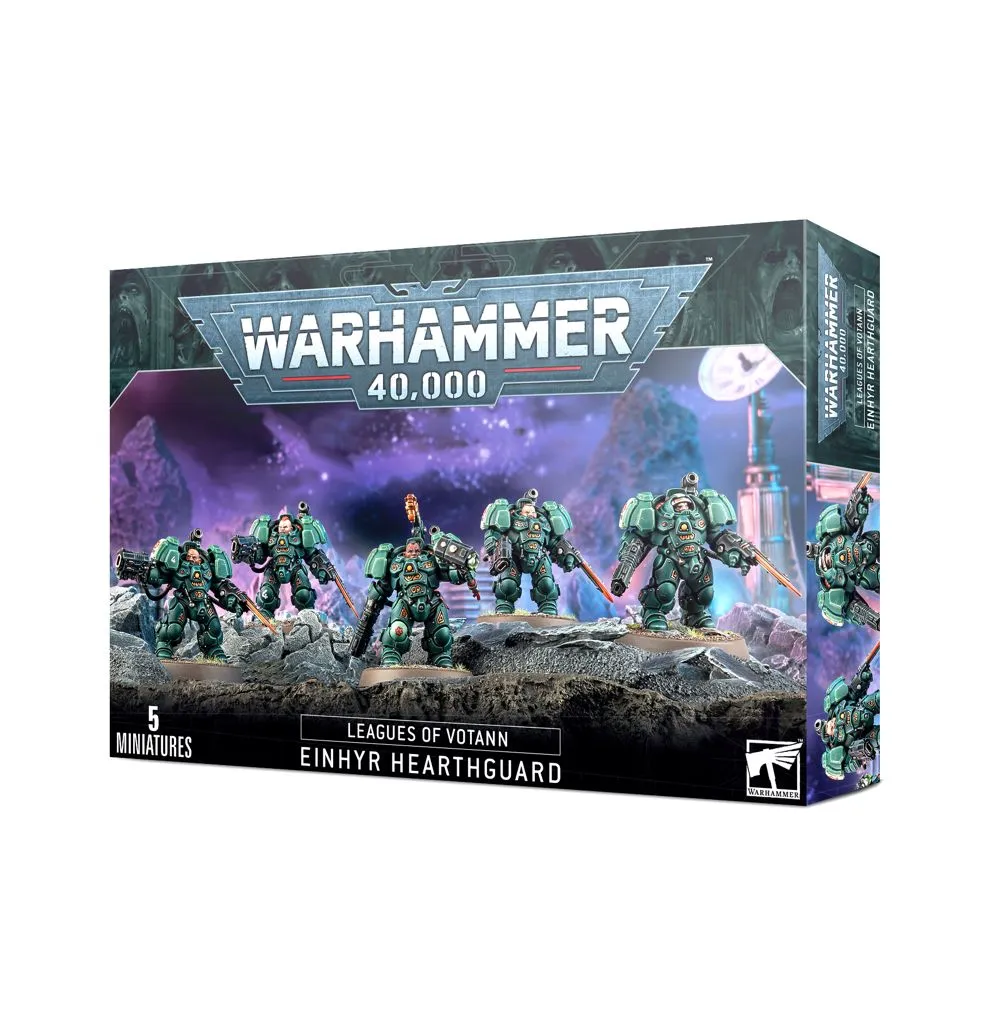 Photo de la boîte officielle du set d'assemblage des Âtregardes Einhyrs pour le jeu de figurines Warhammer 40,000. L'illustration principale montre une escouade de cinq guerriers nains futuristes en armures massives orange et grises, brandissant des armes de poing énergétiques et des gantelets de combat. Le fond de l'image présente un paysage de science-fiction sombre et rocheux sous un ciel crépusculaire. En haut à gauche, le logo officiel doré et blanc "Warhammer 40,000" est visible. En bas, le nom de l'unité "Einhyr Hearthguard" est inscrit en lettres capitales blanches, accompagné du logo des Ligues de Votann.