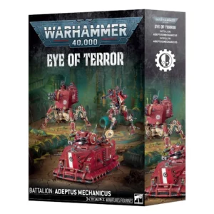 Boîte d'emballage cartonnée officielle de Games Workshop présentant le coffret de figurines Bataillon Eye of Terror: Adeptus Mechanicus pour le jeu Warhammer 40,000. La face avant met en scène trois véhicules de combat lourdement armés et peints en rouge brique, progressant sur un sol aride et craquelé de couleur ocre. Au premier plan se trouve un char chenillé de débarquement Skorpius, surmonté d'une tourelle. Derrière lui, on aperçoit un marcheur d'artillerie quadrupède Onager Dunecrawler sur la gauche et un marcheur bipède élancé Ironstrider au centre. L'arrière-plan dépeint un complexe industriel de monde-forge noyé dans une brume lumineuse turquoise. Le haut de la boîte affiche le grand logo métallique "Warhammer 40,000" au-dessus du titre "EYE OF TERROR" en lettres blanches stylisées. Le bas de la boîte comprend un bandeau noir indiquant les mentions textuelles "BATTALION: ADEPTUS MECHANICUS", "3 CITADEL MINIATURES/FIGURINES" et le logo de l'aigle blanc de Games Workshop. Le flanc droit de la boîte montre l'icône de la roue dentée blanche de la faction avec son demi-crâne, ainsi que les traductions des titres.