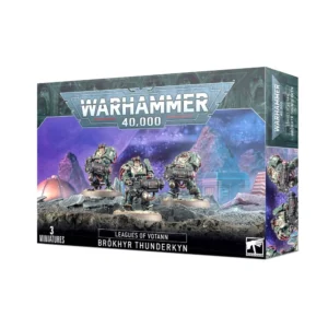 Boîte de jeu officielle Warhammer 40,000 présentant le kit de figurines des Brôkhyr Thunderkyn. L'illustration centrale montre trois guerriers nains de l'espace en armures exo-artisanales lourdes de couleur jaune et noire, brandissant d'imposantes armes d'artillerie high-tech, dont un canon à conversion et des éclateurs à gravitons. En haut à gauche, le logo officiel de "Warhammer 40,000" est visible. Le fond de la boîte arbore un décor de guerre futuriste et industriel aux tons sombres et fumants, mettant en valeur les détails minutieux et les poses dynamiques de l'escouade.