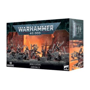Vue en perspective d'une boîte de jeu Warhammer 40,000 présentant l'escouade de 10 figurines de Chakhals pour l'armée des World Eaters. L'illustration centrale montre un groupe de dix guerriers fanatiques, au physique imposant et vêtus de cuir, en train de progresser sur un sol rocailleux jonché de crânes humains. Ils sont équipés de diverses armes de corps à corps, dont des épées tronçonneuses, et le décor de fond est un paysage urbain en ruines baigné par une lumière apocalyptique aux tons orange vif et rouge. Le logo métallique "WARHAMMER 40,000" est imprimé en haut de la boîte. Sur le côté droit et sur la face inférieure, le nom de la faction "WORLD EATERS" et le nom de l'unité "JAKHALS" sont inscrits en lettres blanches. Dans le coin inférieur gauche, la mention "10 MINIATURES" est clairement lisible, tandis que le logo de la marque Citadel est affiché dans le coin inférieur droit.