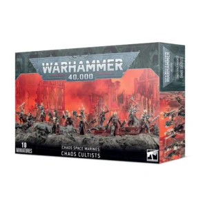 Boîte d'emballage officielle d'une unité de figurines pour le jeu de stratégie Warhammer 40,000, présentée de trois-quarts. Le grand logo argenté de Warhammer 40,000 domine le haut de la boîte, incrusté sur une bordure supérieure gris foncé texturée de reliefs de visages hurlants. L'illustration centrale présente une bande de 10 Cultistes du Chaos assemblés et peints. Ces fanatiques humains portent des vêtements déchirés, des lambeaux de tissus bordeaux, des masques en fer, des pointes et des cornes improvisées. Ils sont armés d'un assortiment hétéroclite d'armes à feu légères, de pistolets mitrailleurs et d'armes de corps à corps brutales comme des coutelas et des fléaux. L'unité progresse en formation sur un sol rocheux et d'éboulis gris foncé, devant un arrière-plan apocalyptique embrasé par un ciel rouge vif chargé de fumée et les ruines imposantes de cathédrales gothiques détruites. En bas à gauche, la mention blanche indique "10 MINIATURES". En bas au centre, les inscriptions blanches indiquent "CHAOS SPACE MARINES CHAOS CULTISTS", tandis que le logo blanc officiel de Warhammer Citadel figure dans le coin inférieur droit. Le rabat latéral droit présente un motif graphique rouge montrant des gros plans verticaux de plusieurs membres de l'escouade.