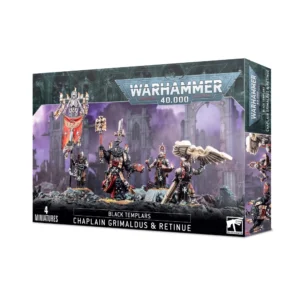Boîte de produit officielle Warhammer 40,000 présentant l'ensemble de figurines Chapelain Grimaldus & Suite pour la faction des Black Templars. L'illustration centrale montre le Chapelain au centre revêtu d'une armure énergétique noire d'apparat avec un casque en forme de crâne, brandissant un crozius d'or et un pistolet à plasma. Il est entouré de trois serviteurs cénobytes transportant des reliques sacrées, dont une grande bannière surmontée d'un squelette et une imposante sculpture d'aigle impériale en pierre. Le décor en arrière-plan affiche des ruines gothiques estompées sous un ciel brumeux violet. Le logo « Warhammer 40,000 » est visible en haut, tandis que les mentions « 4 Miniatures », « Black Templars », « Chaplain Grimaldus & Retinue » et le logo Citadel figurent en bas du packaging.