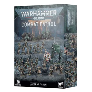 Boîte d'emballage officielle d'un ensemble de figurines pour le jeu de stratégie Warhammer 40,000, présentée de trois-quarts. Le grand logo argenté de Warhammer 40,000 domine le haut de la boîte, incrusté sur une large bordure supérieure gris foncé sculptée de reliefs de visages hurlants. Juste en dessous, l'inscription blanche "COMBAT PATROL" s'affiche en lettres capitales épurées. L'illustration centrale met en scène le contenu complet de la boîte Patrouille: Astra Militarum, entièrement assemblé et peint. On y découvre une force armée disciplinée composée de 28 figurines progressant sur un terrain rocheux gris foncé. La composition comprend une importante infanterie de soldats de choc cadiens en uniformes beige et vert kaki, une escouade d'état-major avec un porte-étendard brandissant un drapeau noir et rouge, un marcheur de combat Sentinel Blindé vert, ainsi que deux imposantes pièces d'artillerie de campagne de la batterie de frappe à l'arrière. L'arrière-plan présente un paysage urbain gothique en ruine sous un ciel brumeux aux teintes orangées. En bas au centre, un encadré noir épuré indique l'inscription blanche "ASTRA MILITARUM", flanquée de la mention "28 MINIATURES" à gauche et du logo blanc officiel de Warhammer Citadel à droite. Le rabat latéral droit, d'une teinte gris-bleu sombre, montre un aperçu vertical condensé de l'armée sous le même angle.