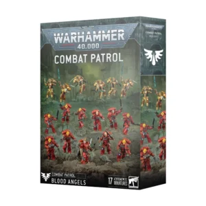 Boîte d'emballage cartonnée officielle de Games Workshop vue de trois-quarts, présentant le set de figurines Patrouille: Blood Angels (Combat Patrol) pour le jeu Warhammer 40,000. L'illustration centrale met en scène une armée de 17 figurines assemblées et peintes, disposées sur un sol rocheux et sombre. Dans la partie supérieure, 6 guerriers d'élite à réacteur dorsal (Garde Sanguinienne) arborent des armures dorées étincelantes et brandissent des épées énergétiques bleues dans des poses dynamiques de vol. En dessous, une force de 10 Space Marines vêtus d'armures rouge vif et de casques jaunes avance fièrement, armée de fusils bolters et d'épées-tronçonneuses, menée au premier plan par un capitaine en armure rouge avec une cape dorée. L'arrière-plan dépeint un décor brumeux et verdâtre de ruines gothiques colossales. Le haut de la boîte affiche le grand logo métallique gris "Warhammer 40,000" au-dessus du titre "COMBAT PATROL" en lettres blanches. Le bandeau noir inférieur affiche à gauche l'emblème blanc de la faction (une goutte de sang ailée) suivi de "COMBAT PATROL BLOOD ANGELS", et indique à droite "17 CITADEL MINIATURES" à côté du logo de Games Workshop. Le flanc droit de l'emballage reprend une coupe verticale de l'illustration et les titres officiels du produit.