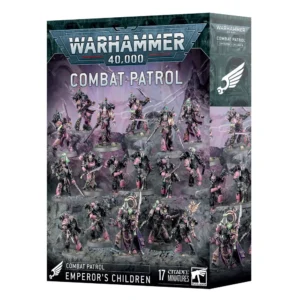 Boîte de jeu officielle Warhammer 40,000 pour la PATROUILLE: EMPERORS CHILDREN. La face avant présente une illustration dynamique de 17 figurines Citadel de Space Marines du Chaos sur un sol rocheux et sombre, sous une lueur violette et brumeuse. Les armures arborent les couleurs emblématiques de la faction : un rose vif contrasté par du noir profond, des détails dorés et des touches vert fluo. En haut, le logo officiel gris et bleu "Warhammer 40,000" surplombe l'inscription blanche "Combat Patrol". Le bas de la boîte affiche la mention "Combat Patrol Emperor's Children" à côté de l'indication "17 Citadel Miniatures".