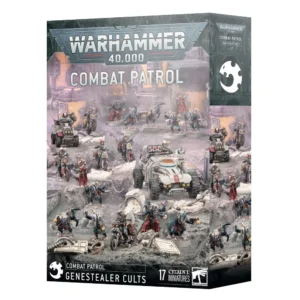 Boîte de produit officielle Warhammer 40,000 présentant le set Combat Patrol pour la faction Genestealer Cults. L'illustration principale montre une importante force d'insurgés mutants déployée au milieu de ruines industrielles grisâtres et de décombres. Au centre trône un véhicule blindé léger tout-terrain entouré de motards, d'un quad lourd et de nombreuses figurines d'infanterie hybrides armées. L'atmosphère générale de l'arrière-plan est industrielle, marquée par des cuves jaunâtres et une brume violette. Le grand logo gris "Warhammer 40,000" domine le haut de la boîte, surmontant l'inscription blanche "Combat Patrol". La bande noire inférieure indique textuellement "Combat Patrol - Genestealer Cults" à côté de l'icône de la faction, et précise "17 Citadel Miniatures" avec le logo blanc de la marque. Cette boîte correspond au set Patrouille: Cultes Genestealers.