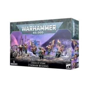 Boîte de produit officielle Warhammer 40,000 présentant l'ensemble de figurines des Beserks Cthoniens. L'illustration centrale montre cinq guerriers trapus et lourdement cybernétisés de la faction des Ligues de Votann, en pleine charge dans un décor industriel sombre et rocheux. Ils arborent des armures partielles orange vif et manipulent de lourdes armes de mêlée énergétiques lumineuses, jaunes et transpercées de plasma. Le logo officiel doré "Warhammer 40,000" est visible en haut à gauche, tandis que le nom de l'unité "Cthonian Beserks" est inscrit en blanc au bas de la boîte sur fond noir.