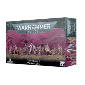 Boîte d'emballage officielle d'une unité de figurines pour le jeu de stratégie Warhammer 40,000, présentée de trois-quarts. Le grand logo argenté de Warhammer 40,000 domine la partie supérieure, incrusté sur une bordure supérieure gris-vert sculptée de reliefs de visages hurlants. L'illustration centrale met en scène l'escouade de Véroleux (intitulée Death Guard Poxwalkers en anglais) entièrement assemblée et peinte. On y observe une ligne de 10 mutants et zombies humanoïdes grotesques, affichant des expressions sadiques, des cornes jaillissant de leur chair, des membres déformés et des ventres béants. Ils portent des vêtements en lambeaux (combinaisons orange, blouses de laboratoire déchirées) et brandissent des armes de fortune improvisées, comme des marteaux, des tuyaux et des couperets rouillés. Les créatures progressent sur un sol de terre brune et rocheuse, devant un arrière-plan brumeux saturé d'une vapeur toxique violette et rose laissant deviner des silhouettes d'arbres tordus. En bas au centre, un encadré noir épuré indique les inscriptions blanches "DEATH GUARD POXWALKERS", flanquées de la mention "10 MINIATURES" à gauche et du logo blanc officiel de Warhammer Citadel à droite. Le rabat latéral droit montre un aperçu vertical fragmenté de ces mêmes combattants sous le même angle.