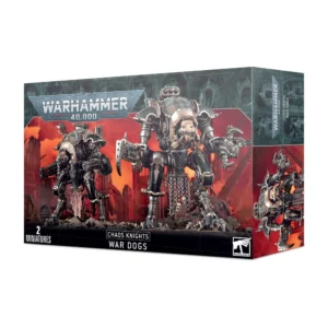 Boîte de produit Warhammer 40,000 présentant les figurines de Chaos Knights War Dogs, connus sous le nom de Dogues du Chaos. L'illustration principale montre deux imposants robots de guerre bipèdes à l'allure menaçante et corrompue, faits de métal sombre, de plaques de blindage noires et de garnitures en bronze. Ils sont armés de griffes de combat, de tronçonneuses massives et de canons rotatifs, arborant des piques et des chaînes décorées de crânes. Les machines évoluent dans un paysage de ruines gothiques apocalyptiques, baigné par une lueur intense de flammes rouges et orangées. Le logo officiel gris « Warhammer 40,000 » est visible en haut à gauche, et les inscriptions textuelles « 2 Miniatures » et « Chaos Knights War Dogs » sont inscrites en blanc sur la bande noire en bas de la boîte.