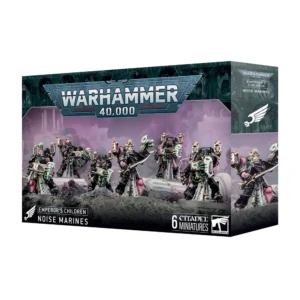 Boîte de miniatures Citadel pour le jeu Warhammer 40,000 présentant l'unité de l'hérésie EMPEROR'S CHILDREN: MARINES DU VACARME. L'illustration montre une escouade de six figurines de Space Marines du Chaos sur un sol rocheux et gris, devant un arrière-plan brumeux aux teintes violettes. Les armures des guerriers associent le noir, le rose et des bordures dorées, avec des chevelures crêtées vertes ou blanches. Ils sont armés d'instruments soniques destructeurs et d'armes de corps à corps. En haut au centre, le logo imposant de "Warhammer 40,000" est inscrit en lettres blanches métalliques. En bas à gauche, un encadré noir indique "Emperor's Children Noise Marines" à côté de leur icône ailée, tandis qu'en bas à droite apparaît la mention "6 Citadel Miniatures".