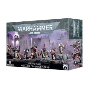 Boîte de figurines pour le jeu Warhammer 40,000 présentant l'ensemble Escouade de Croisés Primaris. L'illustration centrale montre un groupe de dix Space Marines peints de la faction Black Templars, avançant en ligne de combat sur un sol rocheux parsemé de débris. L'escouade comprend des guerriers en armure assistée noire avec des tabards beiges, certains portant des casques et d'autres tête nue, armés d'épées tronçonneuses rouges, de pistolets bolters et de fusils. Au centre, un Frère d'Épée mène la charge en brandissant une épée énergétique droite. En arrière-plan, des ruines d'édifices gothiques se détachent sous un ciel brumeux et violet. Le logo classique argenté de « Warhammer 40,000 » surplombe l'image. Le bas de la boîte, de couleur noire, mentionne « 10 Miniatures », « Black Templars », et « Primaris Crusader Squad », avec le logo officiel carré blanc sur la droite.
