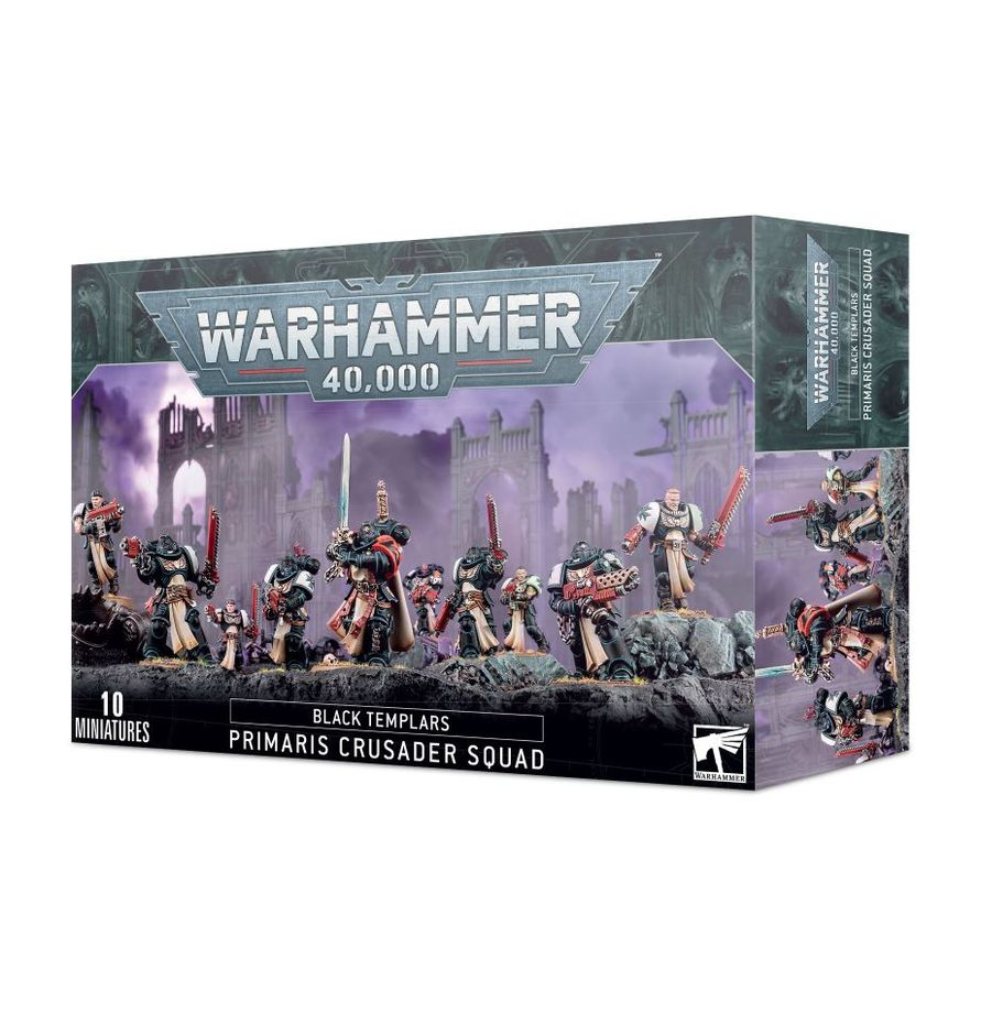 Boîte de figurines pour le jeu Warhammer 40,000 présentant l'ensemble Escouade de Croisés Primaris. L'illustration centrale montre un groupe de dix Space Marines peints de la faction Black Templars, avançant en ligne de combat sur un sol rocheux parsemé de débris. L'escouade comprend des guerriers en armure assistée noire avec des tabards beiges, certains portant des casques et d'autres tête nue, armés d'épées tronçonneuses rouges, de pistolets bolters et de fusils. Au centre, un Frère d'Épée mène la charge en brandissant une épée énergétique droite. En arrière-plan, des ruines d'édifices gothiques se détachent sous un ciel brumeux et violet. Le logo classique argenté de « Warhammer 40,000 » surplombe l'image. Le bas de la boîte, de couleur noire, mentionne « 10 Miniatures », « Black Templars », et « Primaris Crusader Squad », avec le logo officiel carré blanc sur la droite.