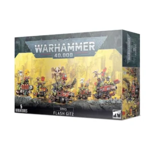 Boîte d'emballage officielle de Warhammer 40,000 présentant une unité de figurines pour l'armée des Orks. L'illustration principale, sur un fond jaune brumeux de cité industrielle dévastée, met en scène cinq fiers mercenaires Peaux-Vertes connus sous le nom de Flash Gitz. Ces flibustiers de l'espace arborent un look de pirate avec des bannières dorsales ornées de têtes de mort, des prothèses cybernétiques et, pour le chef central, un tricorne de capitaine. Ils portent d'immenses armes à feu lourdement modifiées et customisées avec des motifs à damiers noirs et blancs et des touches de peinture rouge. Le logo officiel argenté "WARHAMMER 40,000" domine le haut de la boîte. La bande noire inférieure affiche les mentions textuelles "5 MINIATURES", "ORKS FLASH GITZ" au centre, ainsi que le logo de Games Workshop dans le coin inférieur droit.