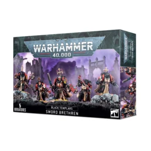 Boîte de produit officielle Warhammer 40,000 présentant l'ensemble de figurines des Frères d'Épée Black Templars. L'illustration centrale montre cinq Space Marines d'élite en armure énergétique noire, arborant des capes et des tabards couleur crème ainsi que des épaulettes noires bordées de rouge. Ils sont équipés de diverses armes redoutables telles qu'une épée énergétique, une hache de guerre, des griffes éclair et une lourde épée tronçonneuse. Les guerriers se tiennent sur un sol rocheux avec en arrière-plan des ruines gothiques sous un ciel brumeux violet. Le logo « Warhammer 40,000 » est visible en haut, tandis que les mentions « 5 Miniatures », « Black Templars », « Sword Brethren » et le logo Citadel figurent en bas du packaging.