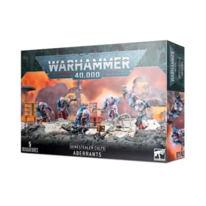Boîte de produit officielle Warhammer 40,000 présentant le kit d'unité des Aberrants pour la faction des Genestealer Cults. L'illustration principale montre un groupe de cinq mutants massifs, difformes et musclés à la peau pâle, grisâtre et bleutée, progressant sur un tas de décombres industriels et de plaques de métal tordues. Les créatures brandissent de lourdes armes de chantier, notamment des pioches énergétiques et des marteaux de minage. Le fond dépeint une zone industrielle apocalyptique sous un ciel embrasé de fumée orange et jaune. Le grand logo gris "Warhammer 40,000" est centré en haut. La partie inférieure de la boîte comporte une bande noire indiquant textuellement "5 Miniatures", "Genestealer Cults" et "Aberrants", avec le logo blanc Citadel dans le coin droit.