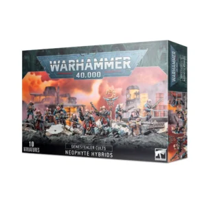 Boîte de produit officielle Warhammer 40,000 présentant le kit d'unité des Neophyte Hybrids pour la faction des Genestealer Cults. L'illustration principale montre une escouade de dix insurgés mutants de troisième et quatrième génération progressant au milieu de débris rocheux et de décombres industriels. Au centre, un leader brandit un pistolet à impulsions et une icône du culte surmontée d'un symbole de creuset/visage alien stylisé. Les autres figurines portent des combinaisons minières grises et orange et sont équipées de fusils d'assaut, de fusils à pompe et d'armes lourdes de chantier comme un laser minier. Le fond dépeint un complexe industriel baigné dans les lueurs d'un ciel orange et embrasé. Le grand logo gris "Warhammer 40,000" trône en haut, tandis que la bande noire inférieure indique les mentions textuelles "10 Miniatures", "Genestealer Cults" et "Neophyte Hybrids".