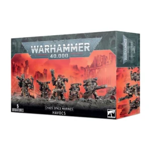 Boîte d'emballage officielle de figurines Citadel pour le jeu de stratégie Warhammer 40,000, présentée de trois-quarts. Le grand logo argenté de Warhammer 40,000 domine la partie supérieure, incrusté sur une bordure gris foncé texturée de visages sculptés. L'illustration principale présente une escouade de 5 Havocs, des Space Marines du Chaos lourdement armés, assemblés et peints. Ces guerriers hérétiques portent des armures énergétiques noires et dorées massives et brandissent des armes lourdes futuristes dévastatrices, dont des canons rotatifs et des lance-missiles. Ils progressent en ligne sur un sol de décombres et de rochers gris foncé, devant un arrière-plan apocalyptique embrasé par un ciel rouge et orange vif et des ruines de cathédrales gothiques industrielles détruites. En bas au centre, les inscriptions blanches indiquent "CHAOS SPACE MARINES HAVOCS", tandis que la mention "5 MINIATURES" figure à gauche et le logo blanc de Warhammer à droite. Le rabat latéral droit, d'une teinte bleu-vert sombre, montre un aperçu des figurines sous un angle différent.
