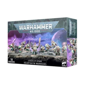 Emballage commercial officiel du jeu de figurines Warhammer 40,000 présentant l'escouade hearthkyn warrior. Le visuel de la boîte montre dix soldats lourdement armés en armure de combat jaune et grise, déployés en formation de combat sur un terrain minéral. Le logo distinctif de Warhammer 40,000 est positionné dans l'angle supérieur droit. Le titre officiel du produit "Hearthkyn Warriors" et l'icône de la faction des Ligues de Votann sont imprimés de manière lisible sur la partie inférieure de la boîte.