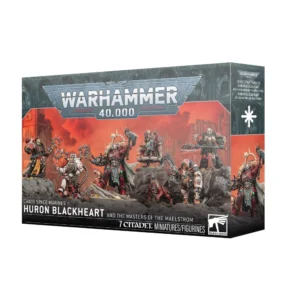 Emballage cartonné officiel de la boîte de figurines Huron Blackheart et les Maîtres du Maelström pour Warhammer 40,000, présenté de trois-quarts face sur un fond blanc. L'illustration centrale met en scène un détachement de sept figurines de Chaos Space Marines lourdement armées, disposées sur un sol de roches noires volcaniques. L'arrière-plan est dominé par un ciel embrasé de couleur rouge et orange vif, révélant les silhouettes de cathédrales gothiques en ruine. Au centre de l'illustration se tient Huron Blackheart dans son armure rouge et or, brandissant sa griffe cybernétique, flanqué de divers lieutenants hérétiques aux armures cybernétiques, sombres ou ornées de crânes. Le grand logo métallique gris « WARHAMMER 40,000 » est placé en haut au centre. La tranche droite de la boîte est noire et affiche une grande étoile du Chaos blanche à huit branches. Le bas de la boîte porte l'inscription blanche « HURON BLACKHEART AND THE MASTERS OF THE MAELSTROM ».