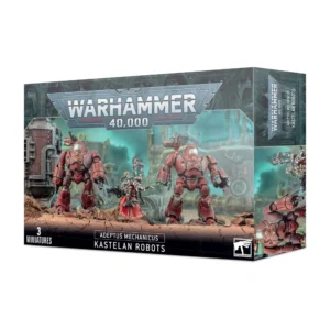 Boîte d'emballage cartonnée officielle de Games Workshop présentant l'unité de Kastelan Robots pour la faction Adeptus Mechanicus de Warhammer 40,000. L'illustration principale met en scène deux grands robots massifs et lourdement blindés de couleur rouge brique, caractérisés par leur tête en forme de dôme lisse et rétro. Ils entourent un Cybernetica Datasmith de taille humaine vêtu d'une bure rouge et équipé de pinces cybernétiques. Les figurines sont positionnées sur un sol rocheux et craquelé de teinte ocre, avec en arrière-plan des tuyauteries et des structures industrielles complexes baignées dans une atmosphère brumeuse couleur turquoise. Le haut de la boîte affiche le logo métallique "Warhammer 40,000". Le bandeau noir inférieur comporte les inscriptions blanches "3 MINIATURES", "ADEPTUS MECHANICUS", "KASTELAN ROBOTS" et le logo de l'aigle de Games Workshop dans le coin droit.