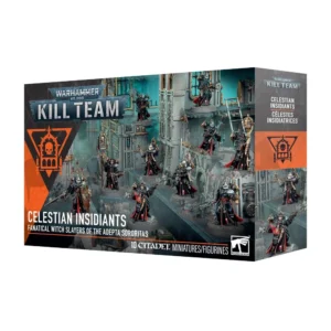 Boîte de produit officielle de l'univers Warhammer 40,000 présentant le set Kill Team: Célestes Insidiatrices (Celestian Insidiants). L'illustration principale sur l'emballage montre une escouade de dix guerrières de l'Adepta Sororitas vêtues d'armures énergétiques noires à doublure rouge. Elles sont déployées au milieu des niveaux et des coursives de ruines industrielles gothiques grisâtres, sous une lueur d'ambiance bleu turquoise. Les figurines portent diverses armes à feu, des épées de puissance et des reliques sacrées. À gauche, une large bande diagonale noire et orange met en valeur un emblème de crâne stylisé dans une arche gothique. Le logo gris "Warhammer 40,000 Kill Team" est placé en haut à gauche. La partie inférieure affiche l'inscription "Celestian Insidiants - Fanatical Witch Slayers of the Adepta Sororitas" à gauche, et la mention "10 Citadel Miniatures/Figurines" à côté du logo blanc officiel de la marque.