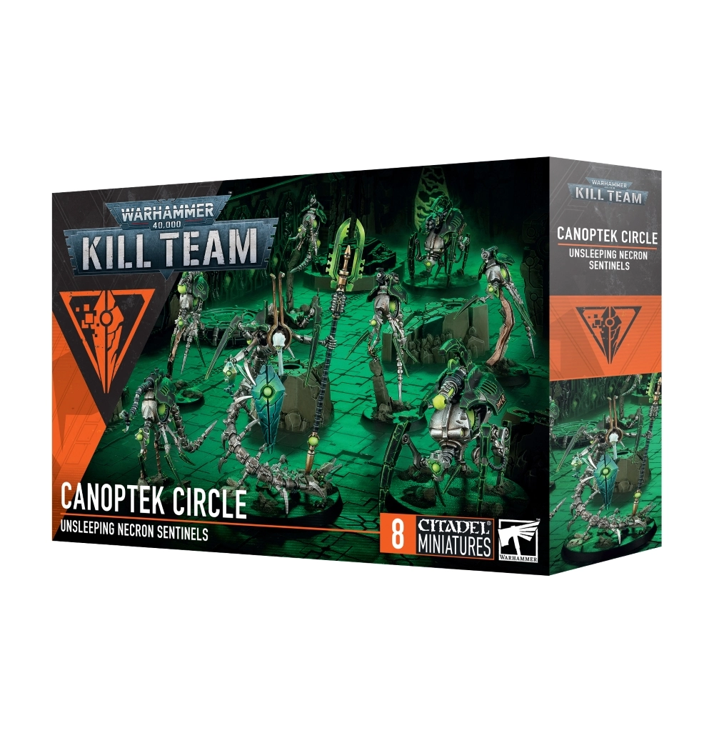 Boîte d'emballage du jeu Warhammer 40,000 Kill Team. En haut à gauche figure le logo métallique officiel « WARHAMMER 40,000 KILL TEAM » à côté d'un symbole triangulaire orange. L'illustration principale montre les 8 figurines peintes du kit Kill Team: Cercle Canoptek baignées dans une atmosphère sombre et une lueur vert néon évoquant une tombe Nécron. La composition met en valeur un Technomancien Nécron tenant un bâton arcanique, entouré de diverses créatures automates métalliques aux yeux verts brillants et aux membres arachnides. Au bas du packaging figurent les inscriptions « CANOPTEK CIRCLE », « UNSLEEPING NECRON SENTINELS », la mention « 8 CITADEL MINIATURES » ainsi que le logo Citadel Warhammer.