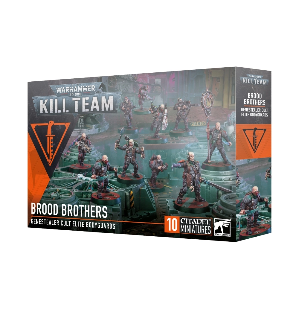Boîte d'emballage du jeu de figurines Kill Team: Frères de Couvain (indiqué Brood Brothers sur la boîte). En haut à gauche figure le logo officiel argenté « WARHAMMER 40,000 KILL TEAM ». L'illustration principale met en scène un commando de 10 combattants hybrides du Culte Genestealer vêtus d'armures tactiques sombres aux détails rouges et verts. Ils évoluent sur une plate-forme industrielle métallique baignée dans une lumière verte et sombre. L'escouade comprend des gardes du corps armés de fusils d'assaut, de pistolets, de couteaux et d'une icône sacrée du culte. En bas de la boîte figurent les inscriptions « BROOD BROTHERS », « GENESTEALER CULT ELITE BODYGUARDS » ainsi que « 10 CITADEL MINIATURES » à côté du logo Citadel Warhammer.