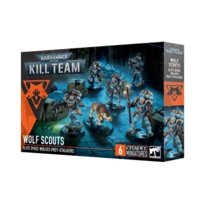 Photo de présentation sur fond blanc de la boîte de jeu du kit Kill Team: Scouts Space Wolves. La boîte rectangulaire arbore en haut à gauche le logo métallique "WARHAMMER 40,000 KILL TEAM". L'illustration principale, baignée dans une ambiance sombre aux reflets bleutés, met en scène une escouade de 5 gredins de l'espace en armure énergétique bleu-gris garnie de peaux de loup, accompagnés d'un loup de Fenris au pelage fauve. Les guerriers brandissent divers équipements dont des fusils bolters, des couteaux de combat et un bâton totem. Des motifs géométriques orange ornés d'une tête de loup encadrent l'image. En bas à gauche, il est inscrit "WOLF SCOUTS - ELITE SPACE WOLVES PREY-STALKERS", tandis que le coin inférieur droit comporte l'encart orange "6 CITADEL MINIATURES" à côté du logo officiel "WARHAMMER".