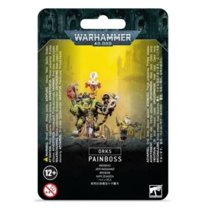 Emballage de type blister officiel de Warhammer 40,000 pour la figurine Ork nommée Médiboss (Painboss). L'illustration sur fond jaune vif montre un Ork à la peau verte doté d'améliorations mécaniques, d'une pince chirurgicale articulée et d'un œil bionique. Il est accompagné d'un petit assistant Gretchin portant un masque chirurgical blanc. Le logo "Warhammer 40,000" est placé en haut, tandis que la partie inférieure noire comporte un encadré indiquant "Orks", "Painboss" et sa traduction française "Médiboss", entouré de divers avertissements de sécurité et d'un logo d'âge 12+.