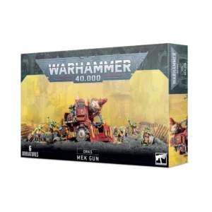 Boîte d'emballage officielle de Warhammer 40,000 présentant un kit de figurines d'artillerie pour l'armée des Orks. L'illustration principale, sur un fond jaune brumeux de cité industrielle dévastée, met en scène une imposante pièce d'artillerie mécanique connue sous le nom de Mek Gunz (Kanon d'Mek). Ce puissant canon blindé, peint en rouge de style Ork avec des pointes métalliques, possède de gros câbles d'énergie bleus et jaunes ainsi qu'un imposant canon à embout de cuivre conique. Il est entouré de cinq petites créatures à la peau verte, des Grots, faisant office d'équipage de servants qui s'activent frénétiquement sur un sol de gravats noirs. Le logo officiel argenté "WARHAMMER 40,000" domine le haut de la boîte. La bande noire inférieure affiche les mentions textuelles "6 MINIATURES", "ORKS MEK GUN" au centre, ainsi que le logo blanc de Games Workshop dans le coin inférieur droit.