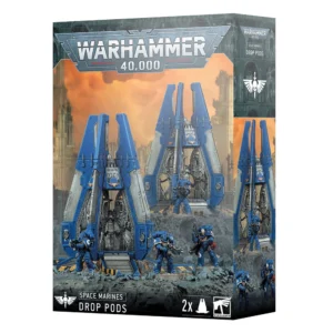 Boîte de produit Warhammer 40,000 présentant l'illustration d'un Module de Largage des Space Marines. L'image montre la structure fortifiée du module en position ouverte après l'atterrissage, révélant son habitacle intérieur technologique et ses portes blindées déployées en étoile sur le sol. Le design arbore les couleurs emblématiques de l'Imperium avec des teintes de gris métallique et de bleu. Le logo officiel Warhammer 40,000 est visible en haut de la boîte, confirmant qu'il s'agit de figurines officielles de Modules de Largage prêtes à être assemblées et peintes.