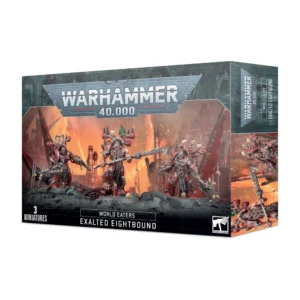 Vue en perspective de la boîte de jeu Warhammer 40,000 présentant l'unité des Octoliés Exaltés pour l'armée des World Eaters. L'illustration centrale met en scène trois guerriers du Chaos imposants et profondément mutés, portant des armures rouges, parés de chaînes et de trophées de crânes, brandissant des armes de corps à corps massives sur un terrain rocailleux. Le décor de fond est un paysage urbain apocalyptique aux teintes orange et rouge vif. Le logo argenté "WARHAMMER 40,000" est imprimé en haut au centre. Sur les côtés et le bas de la boîte, les mentions "WORLD EATERS" et "EXALTED EIGHTBOUND" sont inscrites en blanc, tandis que le coin inférieur gauche affiche "3 MINIATURES" à côté du logo Citadel.