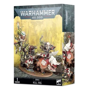 Boîte de jeu officielle Warhammer 40,000 pour la figurine d'unité Orks "Kill Rig", appelée aussi Kariol' Kitu. L'illustration centrale montre un immense char de guerre de style ferraille rétro-futuriste, tiré par un gigantesque Squig cornu à la peau rose-orangée et à la mâchoire acérée. Sur le véhicule blindé, plusieurs figurines d'Orks à la peau verte manient des armes lourdes, dont un canon proéminent à l'avant, et une tour d'observation à l'arrière surmontée d'un psyker ork. Le fond de l'image affiche un décor de ruines gothiques dans des teintes jaunes et dorées. En haut, le logo bleu et blanc "Warhammer 40,000" est bien visible, et le bas de la boîte porte les mentions "Orks" et "Kill Rig" en lettres blanches sur fond noir.