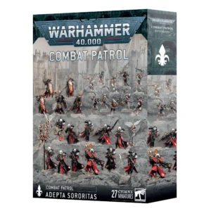Boîte d'emballage officielle de Warhammer 40,000 présentant le set Patrouille: Adepta Sororitas. L'illustration centrale met en scène une imposante armée de 27 figurines peintes, disposées en formation de combat sur un sol rocheux et gris. Au premier plan, des Sœurs de Bataille vêtues d'armures assistées noires et de tuniques rouges brandissent des bolters, menées par une guide spirituelle en armure rouge tenant une icône dorée. Au second plan, des repenties et des arco-flagellants se ruent vers l'avant, surmontés par des figurines volantes dotées d'ailes blanches séraphiques. En arrière-plan, les structures squelettiques de ruines gothiques s'élèvent dans un ciel gris et brumeux. Le grand logo métallique Warhammer 40,000 trône en haut de la boîte au-dessus de l'inscription "COMBAT PATROL" en lettres blanches usées. En bas, une bande noire affiche les mentions "Combat Patrol Adepta Sororitas" à gauche et le logo de Citadel Miniatures à droite.