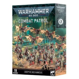 Boîte d'emballage officielle de Warhammer 40,000 présentant le set de figurines Patrouille: Adepta Mechanicus. L'illustration de couverture met en scène une armée de 15 figurines disposées en formation de combat sur le sol métallique d'un Monde-Forge, entourées de structures industrielles et de tuyauteries aux teintes gris-vert. Sur le flanc gauche, on distingue trois cyborgs chenillés lourds Kataphrons et un imposant marcheur quadrupède rouge Onager Dunecrawler doté d'une tourelle. Au centre et à droite, une escouade de dix soldats Skitarii en longues capes rouges avancent avec des fusils à long canon, menés au premier plan par un Tech-Priest Enginseer tenant une hache mécanique. Le grand logo argenté Warhammer 40,000 domine le haut du pack au-dessus du titre "COMBAT PATROL" en lettres blanches. La bande noire en bas porte les mentions textuelles "15 MINIATURES" et "ADEPTUS MECHANICUS".