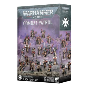Grande boîte d'ensemble de figurines pour le jeu Warhammer 40,000 présentant le kit Patrouille Black Templars. L'illustration principale montre une force de combat composée de 19 figurines peintes, disposées en formation sur un terrain rocheux et escarpé. L'armée comprend un Marshal (Sénéchal), un Impulsor (véhicule de transport blindé visible en partie), une escouade de croisés de base avec tabards beiges et armures noires armés d'épées tronçonneuses et de bolters, ainsi que des frères d'épée d'élite. Le fond est constitué de ruines enveloppées d'une brume violette. Le logo officiel « Warhammer 40,000 » et la mention « Combat Patrol » s'affichent fièrement en haut. La bande noire au bas de l'emballage indique « Combat Patrol Black Templars », « 19 Citadel Miniatures » et affiche le logo de la marque, tandis qu'une croix de Malte blanche orne le flanc droit de la boîte.