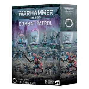 Boîte de produit officielle Warhammer 40,000 pour l'ensemble Patrouille: Thousand Sons. L'illustration principale montre une armée de 15 figurines Citadel disposées sur un terrain rocheux et désolé sous un ciel menaçant aux nuances violettes, où s'élèvent de gigantesques tentacules roses et des éclairs psychiques. Au premier plan se tient un grand personnage muté à la peau magenta et aux cornes dorées, armé d'un bâton sorcier. Il est entouré de guerriers en armure énergétique bleu turquoise et or, tandis que quatre sorciers s'élèvent dans les airs sur des disques de Tzeentch. Le logo de Warhammer 40,000 est imprimé en lettres capitales argentées en haut de la boîte.