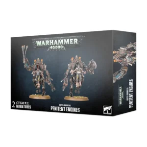Boîte d'emballage cartonnée officielle de Games Workshop vue de trois-quarts, présentant le kit de figurines Penitent Engines pour la faction Adepta Sororitas de Warhammer 40,000. L'illustration centrale sur un fond texturé bleu-gris foncé met en scène deux imposants marcheurs de combat mécaniques d'aspect industriel et gothique. Au centre de chaque machine métallique, un pilote humain dévêtu est crucifié et exposé aux tirs, incarnant la pénitence par le combat. La machine de gauche brandit d'imposants fléaux articulés, tandis que celle de droite est équipée d'une énorme scie circulaire et de lance-flammes lourds. Le sommet de la boîte arbore le logo métallique gris "Warhammer 40,000". Le bandeau inférieur noir indique en lettres blanches "2 CITADEL MINIATURES", "ADEPTA SORORITAS PENITENT ENGINES" et affiche le logo de l'aigle blanc de Games Workshop dans le coin inférieur droit. Le flanc droit de la boîte montre un gros plan partiel d'une variante de construction de ces machines de guerre.