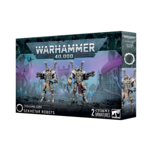 Boîte de produit officielle Warhammer 40,000 présentant l'ensemble de figurines des Robots Sekhetar pour la faction des Thousand Sons. L'illustration centrale montre deux imposants automates de combat dotés d'une armure blanc ivoire et or, décorée de bandes bleues d'inspiration égyptienne. Ils sont équipés d'armes à feu lourdes et se tiennent sur un sol rocheux noirci, devant un arrière-plan de ruines gothiques sombres et de tentacules violets. Le logo « Warhammer 40,000 » est affiché en haut au centre, tandis que les inscriptions « Thousand Sons Sekhetar Robots » et « 2 Citadel Miniatures » sont visibles en bas du packaging.