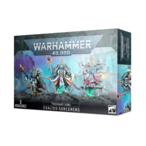 Boîte de produit officielle Warhammer 40,000 présentant l'ensemble de figurines des Sorciers Exaltés pour la faction des Thousand Sons. L'illustration principale montre trois sorciers de l'espace richement parés d'armures bleu turquoise et or avec de hautes coiffes d'inspiration égyptienne et des capes colorées. Les deux mages de droite lévitent au-dessus du sol rocheux grâce à des tourbillons de magie psychique vert clair. Le décor en arrière-plan dépeint des ruines gothiques baignées d'une lueur mystique bleue et violette. Le logo « Warhammer 40,000 » trône en haut au centre, tandis que les mentions « Thousand Sons », « Exalted Sorcerers » et le logo Citadel apparaissent en bas du packaging.
