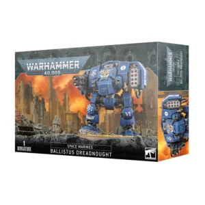 Boîte d'emballage du produit Warhammer 40,000 présentant le Ballistus Dreadnought des Space Marines. L'illustration principale montre un marcheur de combat massif blindé de couleur bleu outremer, équipé d'un lance-missiles à sa gauche et d'un canon laser jumelé à sa droite. Le robot arbore des marquages héraldiques blancs, des damiers et des sceaux de pureté, debout sur un sol rocheux face à un paysage de ruines gothiques sous un ciel de guerre orangé et enflammé. En haut à gauche, le logo gris métallique "Warhammer 40,000" est visible. En bas, un bandeau noir affiche les mentions textuelles "1 Miniature", "Space Marines" et "Ballistus Dreadnought", avec le logo blanc de Games Workshop dans le coin inférieur droit. Le côté droit de la boîte montre un aperçu détaillé du profil de la figurine.