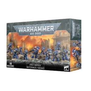 Boîte de produit officielle Warhammer 40,000 présentant l'Escouade Infernus des Space Marines. L'illustration principale montre dix figurines de Space Marines en armure assistée bleue classique des Ultramarines, armés de lance-flammes Pyreblasters. Ils progressent sur un terrain rocheux et dévasté, au milieu de ruines gothiques, sous un ciel de guerre embrasé aux teintes orange et jaunes. Le grand logo gris et bleu "Warhammer 40,000" est visible en haut au centre, tandis que la mention "Space Marines Infernus Squad" et l'indication "10 Miniatures" figurent en bas de la boîte.
