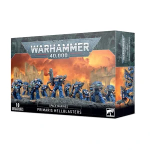 Boîte de produit officielle Warhammer 40,000 présentant l'escouade de figurines des HELLBLASTERS PRIMARIS. L'illustration centrale montre dix Space Marines en armure énergétique bleue classique des Ultramarines, progressant sur un sol rocheux et stérile. Ils brandissent de lourds fusils à plasma dont les bobines brillent d'une lueur bleu cyan. En arrière-plan, un ciel de guerre embrasé aux nuances orange et jaune silhouette des ruines de cathédrales gothiques détruites. En haut de la boîte figure le grand logo gris métallique "WARHAMMER 40,000". En bas, les inscriptions textuelles indiquent "10 MINIATURES", "SPACE MARINES", "PRIMARIS HELLBLASTERS", accompagnées du logo blanc de la marque Warhammer dans le coin inférieur droit.