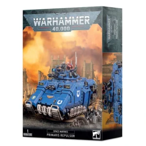 Boîte de produit officielle du jeu Warhammer 40,000 présentant le véhicule blindé PRIMARIS REPULSOR. L'illustration centrale montre un char d'assaut antigrav bleu des Ultramarines, orné d'icônes en forme de "U" blanc et d'un aigle impérial doré à l'avant. Un membre d'équipage en armure rouge manipule une arme lourde depuis la tourelle supérieure. Le char évolue au milieu de ruines gothiques sombres sous un ciel d'Apocalypse aux teintes orange et jaunes. Le logo officiel gris "Warhammer 40,000" trône en haut de la boîte, tandis que la mention "Space Marines Primaris Repulsor" est visible en bas au centre.