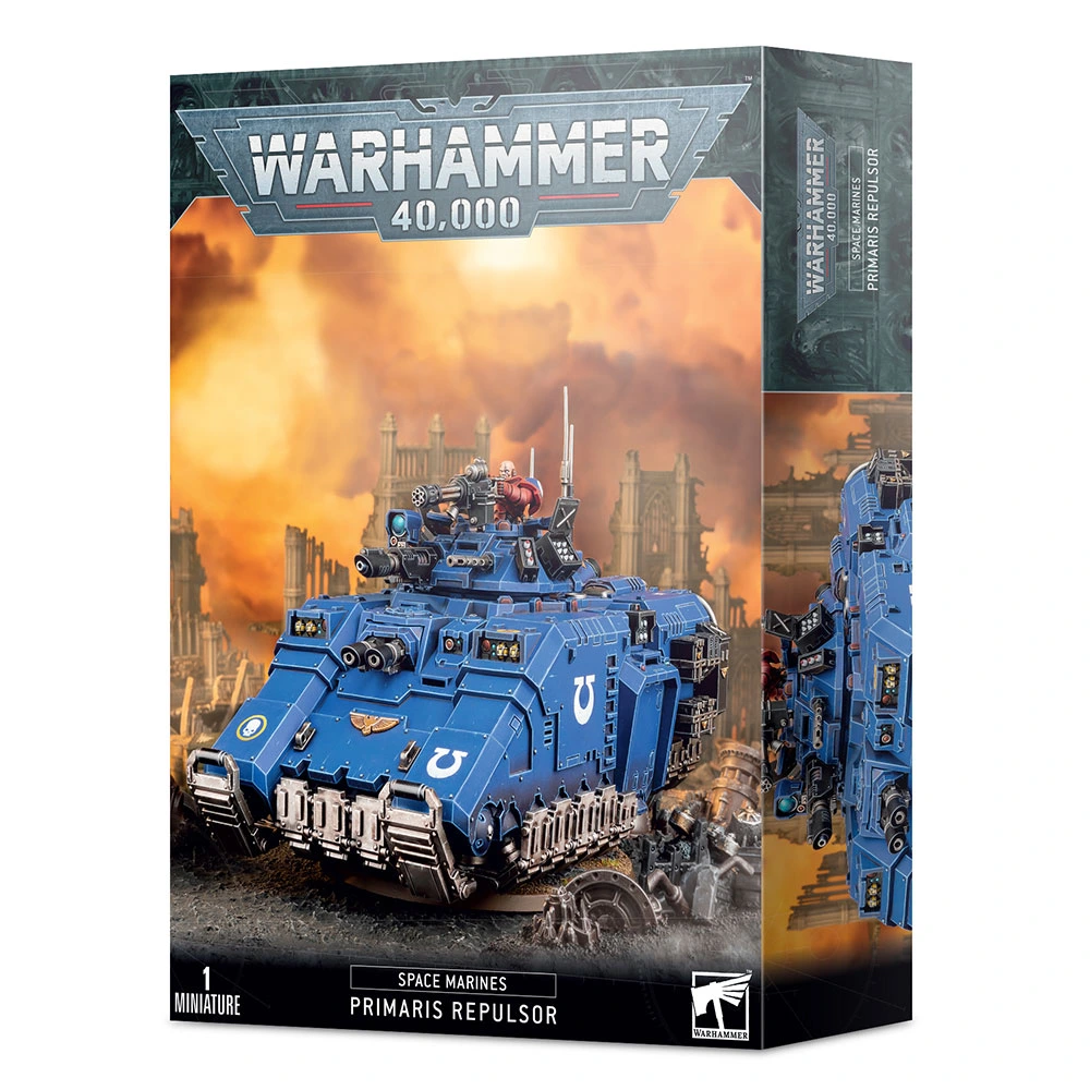 Boîte de produit officielle du jeu Warhammer 40,000 présentant le véhicule blindé PRIMARIS REPULSOR. L'illustration centrale montre un char d'assaut antigrav bleu des Ultramarines, orné d'icônes en forme de "U" blanc et d'un aigle impérial doré à l'avant. Un membre d'équipage en armure rouge manipule une arme lourde depuis la tourelle supérieure. Le char évolue au milieu de ruines gothiques sombres sous un ciel d'Apocalypse aux teintes orange et jaunes. Le logo officiel gris "Warhammer 40,000" trône en haut de la boîte, tandis que la mention "Space Marines Primaris Repulsor" est visible en bas au centre.