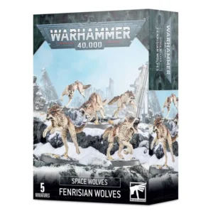 Boîte de produit pour le jeu de figurines Warhammer 40,000, présentant l'illustration de l'emballage. Le logo officiel argenté "Warhammer 40,000" est affiché en haut. L'image centrale montre un pack de 5 figurines de loups fenrissiens à la fourrure beige et brune, bondissant de manière agressive dans un décor de ruines enneigées sous un ciel clair. En bas, les inscriptions textuelles indiquent "5 Miniatures", "Space Wolves" et "Fenrisian Wolves" à côté du logo blanc de la marque Warhammer sur fond noir.