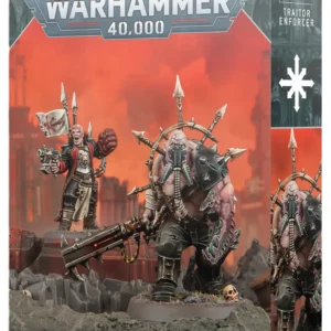 Boîte d'emballage officielle de figurines Citadel pour le jeu de stratégie Warhammer 40,000. Le grand logo argenté de Warhammer 40,000 domine le haut de l'emballage, intégré à une bordure gris foncé. L'illustration principale présente deux figurines assemblées et peintes de serviteurs du Chaos. Au premier plan, un immense Ogryn muté (l'Accusateur Renégat) doté d'une peau pâle, d'une épaulière pointue noire et d'un masque respiratoire à tuyaux, tient une arme de mêlée mécanique massive et affiche un bras gauche griffu et corrompu. Derrière lui, un commissaire renégat hurle en brandissant un pistolet bolter et un gantelet énergétique rouge. Ils se tiennent sur un sol rocailleux jonché d'un crâne, devant un arrière-plan industriel apocalyptique sous un ciel rouge et orangé chargé de fumée. En bas à gauche, le texte indique "CHAOS SPACE MARINES TRAITOR ENFORCER". En bas au centre, la mention "2 CITADEL MINIATURES" figure à côté du logo blanc officiel de Warhammer. Le rabat latéral droit montre l'étoile à huit branches blanche du Chaos ainsi qu'un gros plan de la figurine de l'Ogryn.