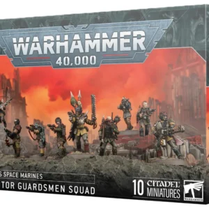 Boîte d'emballage officielle de figurines Citadel pour le jeu de stratégie Warhammer 40,000. Le grand logo argenté de Warhammer 40,000 domine la partie supérieure, incrusté sur une bordure gris foncé texturée de détails sculptés. L'illustration centrale met en scène une Escouade de Gardes Renégats composée de 10 combattants humains corrompus par le Chaos, assemblés et peints. Ces soldats hérétiques portent des uniformes militaires dépareillés de couleur kaki, vert et beige, des armures composites sombres et des casques ou masques divers. Ils sont lourdement armés de fusils laser, de pistolets, d'un lance-flammes, d'une mitrailleuse lourde et d'une épée tronçonneuse. Un leader au centre arbore un râtelier dorsal avec des crânes empalés. L'unité progresse en formation sur un sol rocailleux gris foncé, devant un arrière-plan apocalyptique embrasé par un ciel rouge et orange vif et des ruines de cathédrales gothiques détruites. En bas à gauche, les inscriptions blanches indiquent "CHAOS SPACE MARINES TRAITOR GUARDSMEN SQUAD" à côté d'une petite étoile du Chaos. En bas au centre, la mention "10 CITADEL MINIATURES" figure à côté du logo blanc officiel de Warhammer. Le rabat latéral droit montre l'étoile à huit branches blanche du Chaos, le nom de l'unité en anglais et un gros plan du sergent de l'escouade.