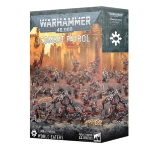 Vue de face de la boîte de jeu en carton pour la "Patrouille: World Eaters" de Warhammer 40,000. L'illustration principale présente un large groupe de 22 figurines peintes, représentant des guerriers Space Marines du Chaos en armures rouge et or, équipés d'armes de corps à corps, évoluant sur un terrain rocailleux jonché de crânes. Le fond de l'image est un décor de champ de bataille en ruines, baigné dans des teintes orange et rouges évoquant un incendie. En haut de la boîte, le logo métallique "WARHAMMER 40,000" est imprimé en blanc et bleu. Sur le côté supérieur droit, le texte "COMBAT PATROL" est inscrit en grandes lettres blanches avec "WORLD EATERS" juste en dessous. Un symbole iconique de l'étoile du Chaos à huit branches est affiché sur le côté droit. En bas à gauche, le logo "COMBAT PATROL" est répété avec le texte "WORLD EATERS". En bas à droite, la mention "22 CITADEL MINIATURES" est clairement indiquée au-dessus du logo de la marque Warhammer, confirmant le contenu du kit.